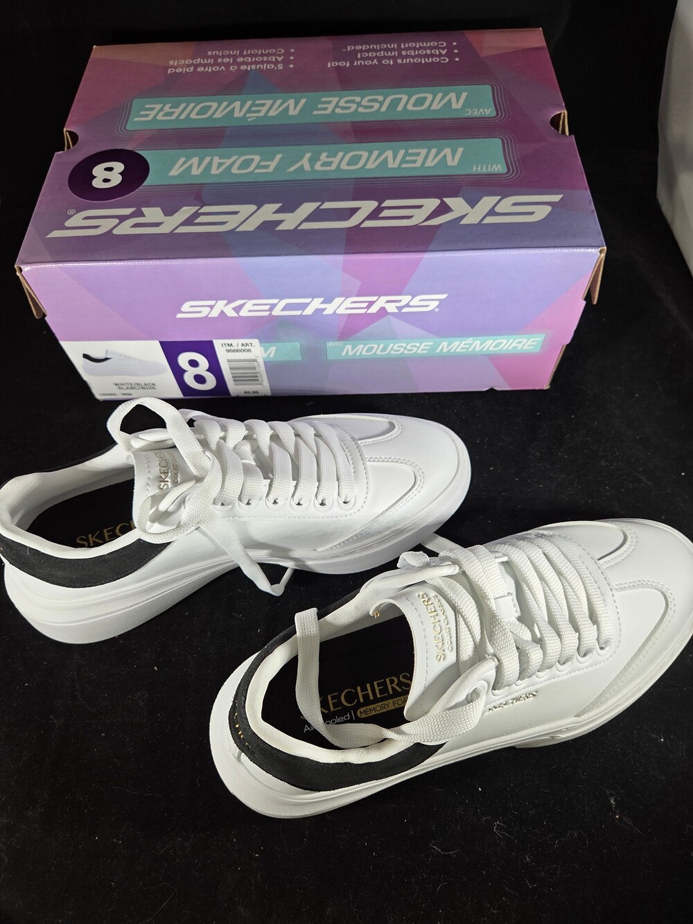 Skechers Women's Court Classics Memory Foam Sneakers, White & Black, Size 8, NIB